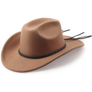 Women's Camel Western Braided Leather Band Buckle Classic Fedora Felt Cowboy Hat